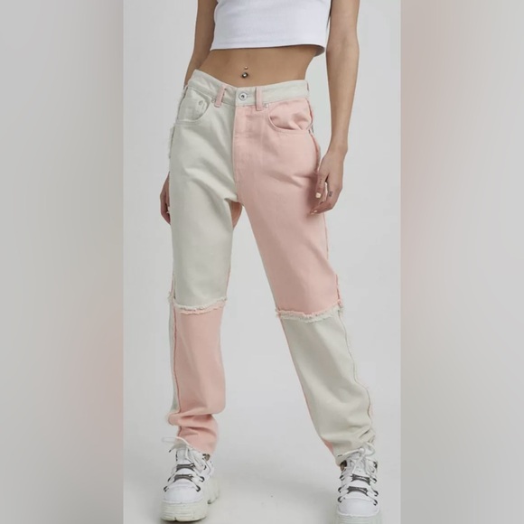 The Ragged Priest Denim - The Ragged Priest Equilibrium Patchwork Pink Beige Mom Straight Jeans